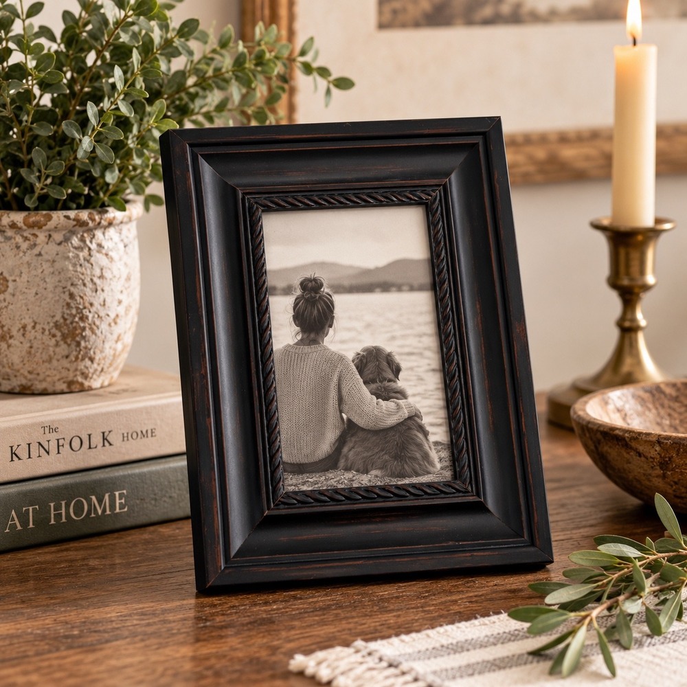Weston Gallery Black Distressed Rope Trim 4x6 Picture Frame Tabletop Wall Mount